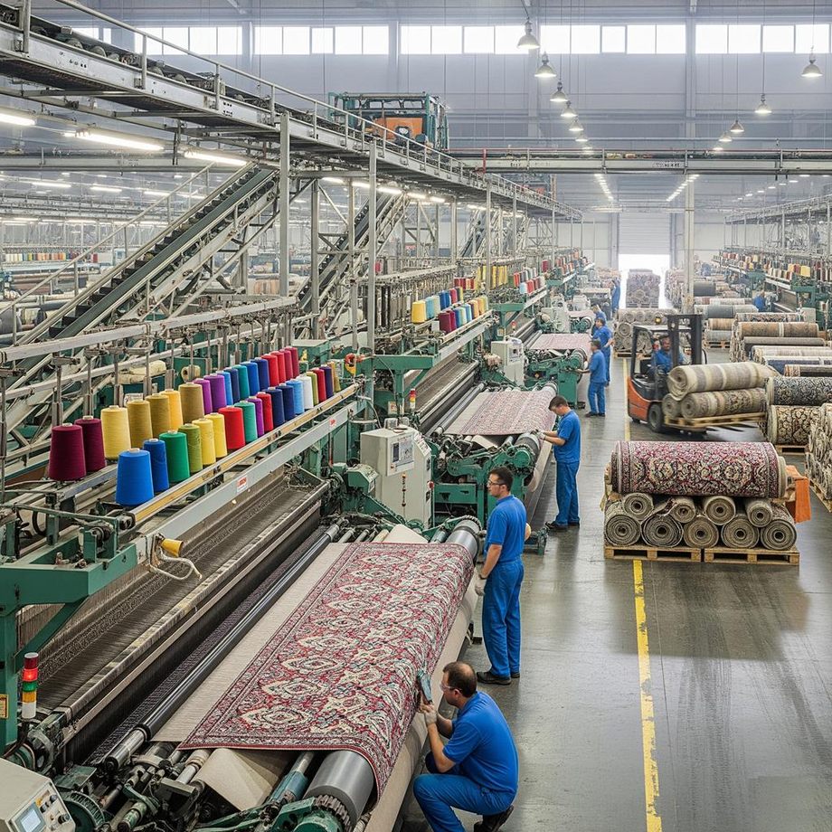Carpet weaving hall with yarn cones feeding the looms and finished rolls stacked ready
